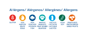 Llegenda d’al·lèrgens: gluten, ous, peix, marisc, làctics, soja i fruits secs